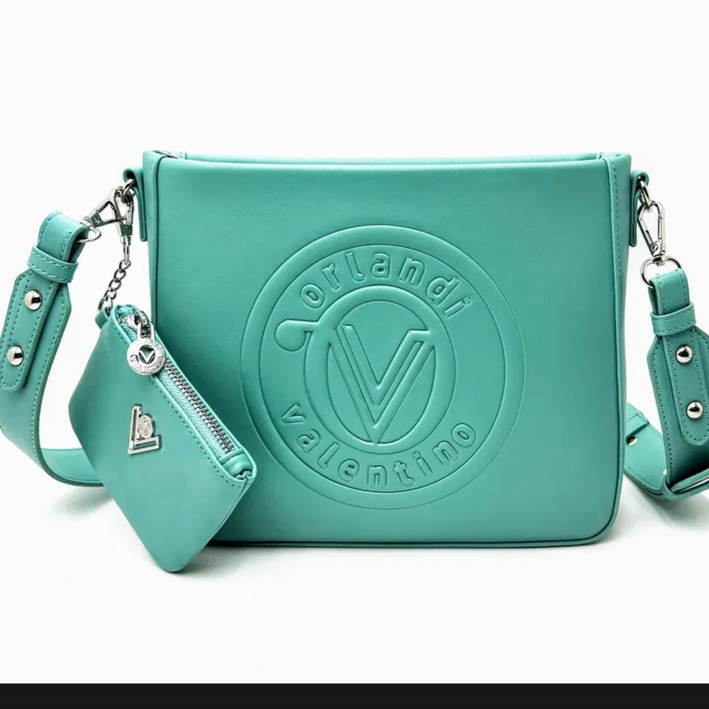 Valentino Orlandi  Crossbody Bag  Embossed Logo Matching Wallet NWT V-2008 Teal